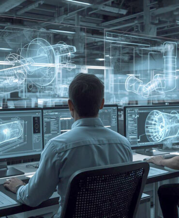 Une-scène-photoréaliste-à-l’intérieur-d’un-bureau-d’ingénierie-moderne,-montrant-des-ingénieurs-travaillant-sur-des-logiciels-de-conception-3D