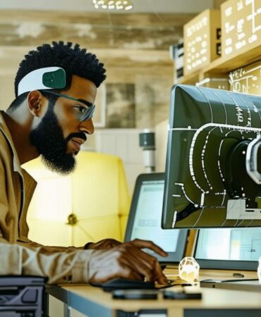 je veux des images d'un homme avec un pc dans un attelier et entraine de cree des modules 3d sur pc